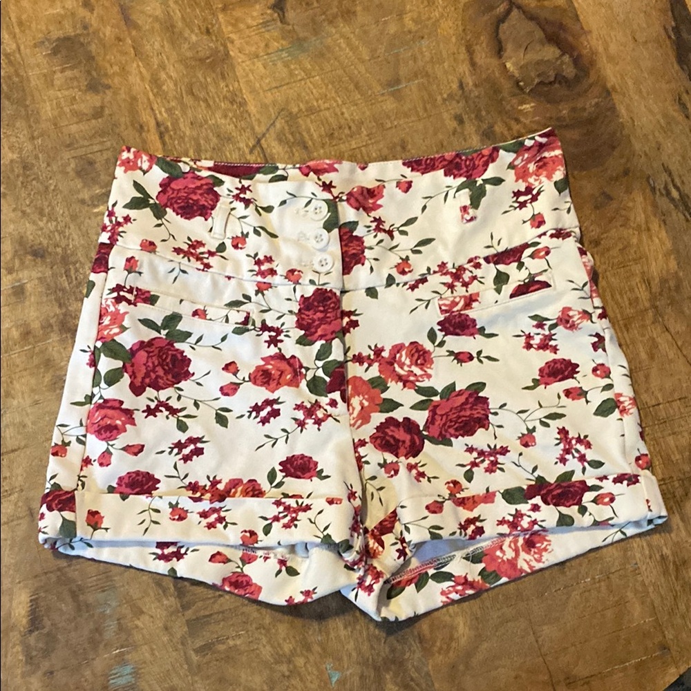 High Waist Red and White Floral Shorts